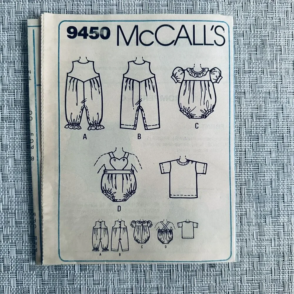 Vtg 80s McCalls Pattern 9450 Infant Baby Jumpsuit Romper Sunsuit Tshirt Sz NB-L